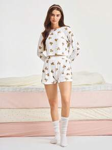 Bonmuse 2 pièces Ensemble de vêtements de nuit femme confortable avec imprimé ours creux, manches longues - Haut col rond + Short fendu sur le côté, tenue d'intérieur, vêtements d'automne - Blanc - Voir 6