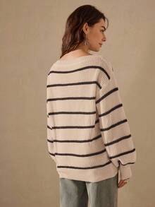 SHEIN LUNE 休闲撞色条纹蝙蝠袖毛衣，秋冬款 - 彩色 - 查看 2