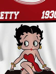 Betty Boop x SHEIN 男士休闲宽松卡通人物及数字印花撞色短袖T恤，时尚街头风，夏季 - 白色 - 查看 3