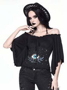 ROMWE Goth Camiseta de mujer con mangas de murciélago, bordado de ojo, decoración de cuentas de madera y hombros sueltos de estilo vintage - Negro - Ver 4