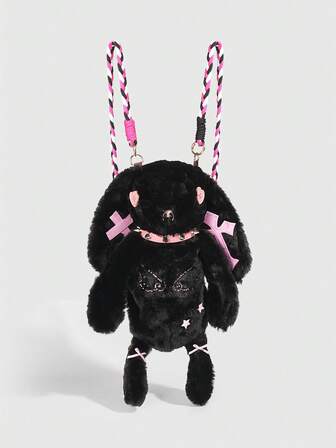 Grunge Punk 1 pieza Mochila con diseño de conejo de cruz oscura estilo punk, una bolsa bandolera de estudiante para Halloween, una muñeca decorativa con collar de remaches punk, adecuada para viajes diarios y regalos de cumpleaños