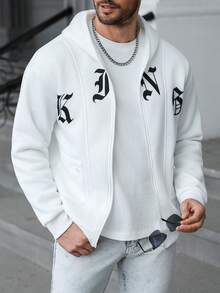 Manfinity Homme Men's Zip-Up Hoodie Sweatshirt,Black N White,Autumn,Streetwear,City Break Letter Graphic Print Patchwork Piping Long Sleeve Casual Stylish Top - Multicolor - View 3