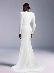 Elitara Elegante vestido de gala de terciopelo negro con hombros anchos, mangas largas, escote profundo en V, adorno floral 3D desmontable y dobladillo de cola de pez, apropiado para todas las ocasiones formales, vestido de cena formal