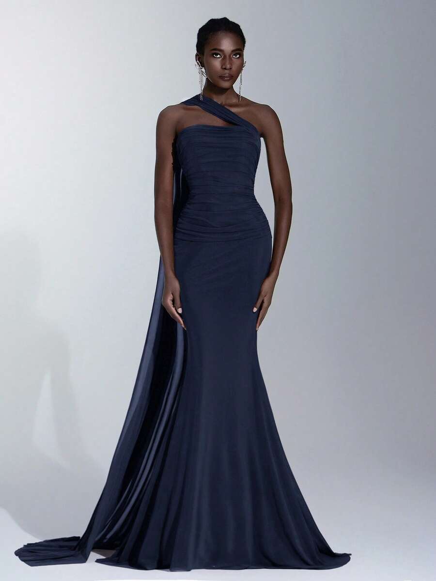 Elitara Elegant Brown Strapless High Stretch Glossy Mesh Ruched Fishtail Asymmetric Halter Maxi Dress, Suitable For Dates, Weddings, Events, Bridesmaid - Navy Blue - View 1