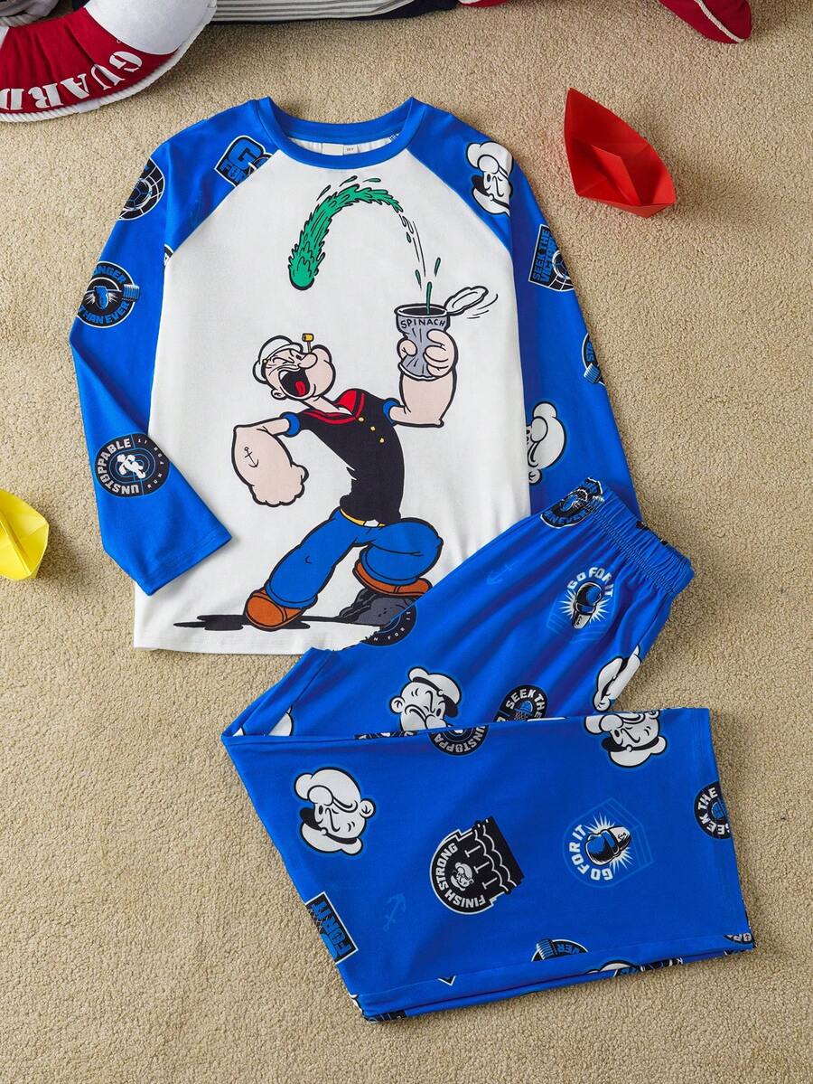 Popeye X SHEIN Bộ đồ ngủ quần dài rộng rãi thoải mái cho bé trai tuổi teen mặc áo thun tay ngắn họa tiết hoạt hình màu xanh - Xanh và trắng - Xem 1