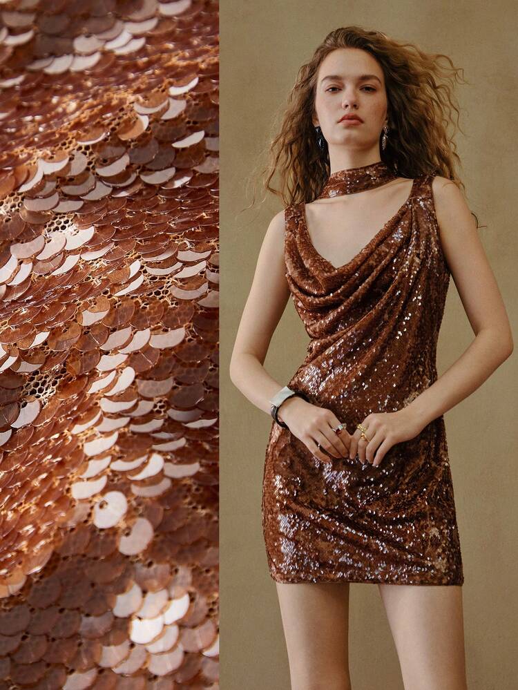MOTF STUDIO ASYMMETRIC SHOULDER SEQUIN SHORT DRESS
