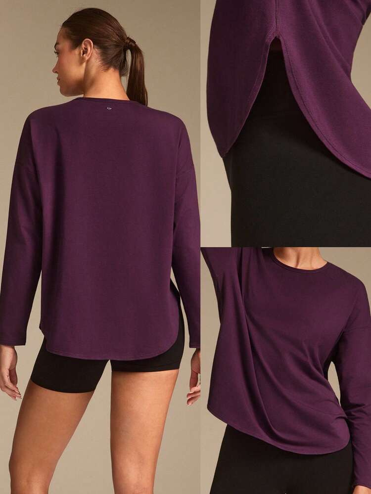 Pima Cotton Oversized Long Sleeve Curved Slit Hem Round Neck Tee Daily Casual  Spring Summer