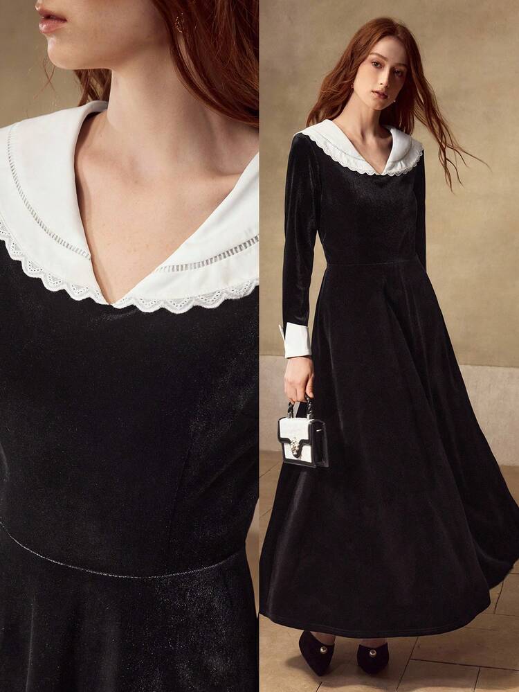 VELVET CONTRAST COLLAR AND CUFF FLARE HEM DRESS