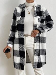 Chiquease Women's Plaid Drop Shoulder Long Sleeve Single-Breasted Casual Fleece Jacket, Autumn/Winter - Black and White - View 5