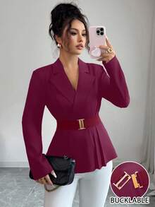 GlowEve Women's Elegant Notched Collar Cinched Waist Blazer Jacket, Suitable For Commuting In Autumn - Red Violet - View 3