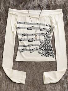 Rina Fox Women's Retro Off-The-Shoulder Top With Long Sleeves And Musical Note Print Slim Fit T-Shirt, Fashion , Vintage Y2k, Textured Fabric, Sister Gift, Back-To-School Clothing, Holiday Gift