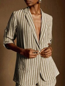 Écloséra French Retro Minimalist Commuter Casual Comfortable Linen Striped Notched Collar Single-Breasted Rolled-Up Sleeve Women Blazer - Khaki - View 3