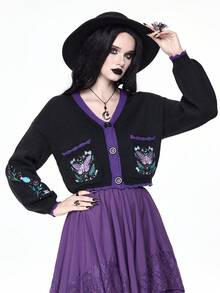 ROMWE Áo khoác cardigan thêu pha lê màu tương phản họa tiết phù thủy phù thủy bí ẩn Gothic Dark - màu đen - Xem 7
