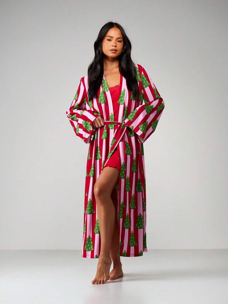 MISSGUIDED Festive Christmas Tree Striped Robe With Long Sleeves Holiday Lounge Dressing Gown