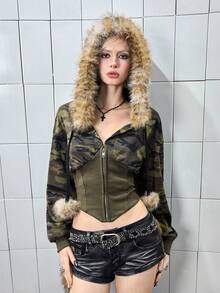 ROMWE Grunge Punk Y2K 亚文化复古修身迷彩毛领女式连帽运动衫 - 彩色 - 查看 5