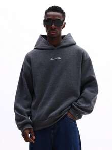 SUMWON Pullover Hoodie dengan Tali Serut, Logo Bordir Tulisan, Pakaian Kasual Streetwear Nyaman untuk Musim Gugur dan Musim Dingin, Lapisan Bulu Domba untuk Pria, Polos - Grey - View 2