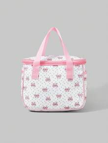 ROMWE Kawaii 1 Túi đựng đồ ăn trưa giữ nhiệt dễ thương có họa tiết nơ chấm bi màu hồng dung tích lớn - Hồng - Xem 4