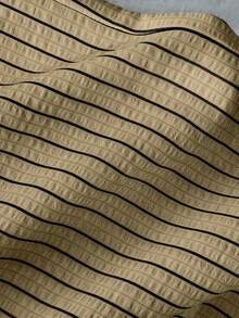 SHEIN PETITE 女士黄色条纹休闲裤，泡泡绉纱面料，超低腰抽绳设计，直筒裤型，休闲浪漫风