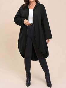 Comfylo Plus Size Casual Solid Color Hooded Jacket In Fall/Winter - Black - View 4