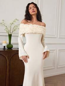 EastFlair Váy hoa trễ vai lãng mạn thanh lịch dành cho nữ - Màu be - Xem 4