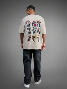 Transformers X SHEIN 男士休闲日常通勤时尚街头卡通机器人印花宽松短袖T恤，夏季 - 卡其色 - 查看 5