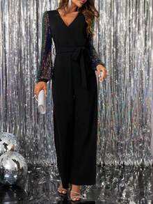 Gownix 女士亮片V领系带连体裤，适合秋冬季派对穿着 - 彩色 - 查看 3