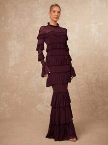 Lumalex Robe moulante en maille à manches longues avec col Top et volants exagérés pour femmes