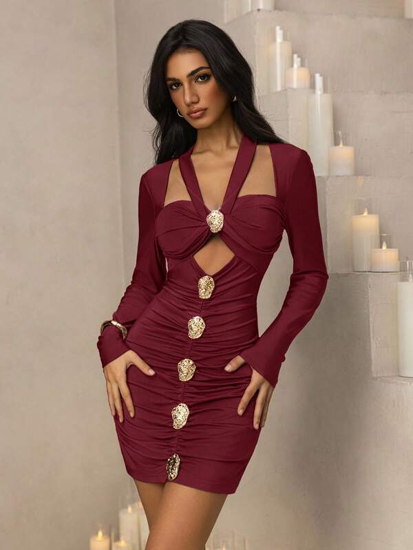 Vowa Vestido elegante, romántico, de moda y sexy de color verde menta, de punto elástico, con cuello halter, manga larga, calado y decoración de hebilla metálica, adecuado para discoteca, fiesta, playa, vacaciones, compras, té de la tarde, cóctel