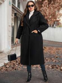 SHEIN Clasi Manteau matelassé long à capuche en couleur noire unie pour femmes rondes et grandes tailles. Avec doublure en coton et poches. Présente un col capuche style costume, double poches, de haute qualité, chaud, confortable et isolant. Convient pour de multiples occasions, nouvelle collection 2025 - Noir - Voir 8
