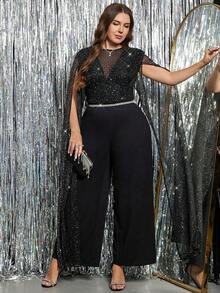 SHEIN Clasi Mono de pierna ancha con parches de malla con strass para mujer de talla grande, elegante y lujoso - Negro - Ver 6