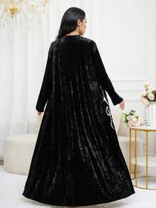 Al Najma Women's Velvet Patchwork Sequin Floral Pattern Open Front Abaya - Black - View 2