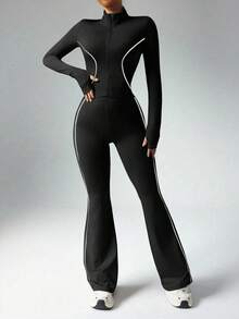 Easithlete Bộ đồ thể thao 2 món cho nữ, áo khoác dài tay có khóa kéo, lỗ xỏ ngón cái, cổ đứng, sọc tương phản và quần ống loe cạp cao có sọc tương phản, thích hợp mặc thường ngày, chạy bộ, tập yoga, tập gym - Nhiều màu - Xem 4