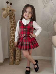Emery Rose Kids 3 件套年轻女孩优雅金色纽扣背心、荷叶边领衬衫和百褶裙格子套装，适合秋冬季、派对、日常穿着、圣诞节、学校、姐妹装 - 紅白色 - 查看 3