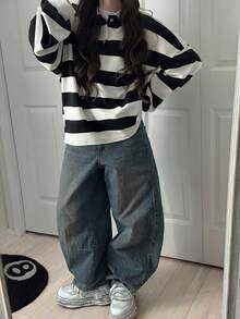 FRIFUL 女士休闲宽松 Polo 领落肩长袖条纹 T 恤 - 黑與白 - 查看 2