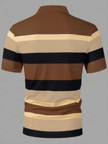 Manfinity Homme 男士字母對比條紋短袖休閒通勤 Polo 衫，時尚夏季款 - 棕色 - 查看 2