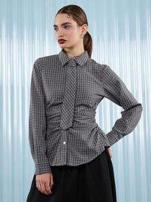 COUREZ Long Sleeve Cinched Waist Check Shirt With Front Tie Detail /Y2K Casual Going Out Tops Sexy Party Party Top Elegant Women's Blouses Plaid Shirt Summer Tops - Grey - View 5
