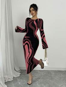 Elenzga Women's Color Block Print Round Neck Long Sleeve Bodycon Midi Dress - Red - View 3