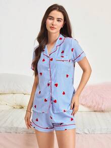 Bonmuse Conjunto de pijama de top de manga corta con estampado de rayas y corazones y shorts para mujer, color azul claro fresco - Azul - Ver 3
