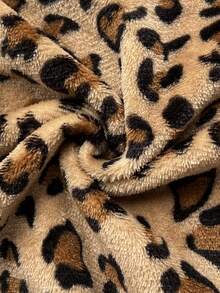 Elamini 1件棕色休闲可爱撞色法兰绒保暖内衬印花豹纹抽绳连帽柔软卫衣外套，女款，返校季，家居服 - 彩色 - 查看 6