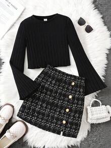 SHEIN 青少年女孩黑色针织喇叭袖上衣和开衩下摆格子裙套装，基本款和百搭款，休闲学院风服装，少女服装，开学季 - 黑色 - 查看 1