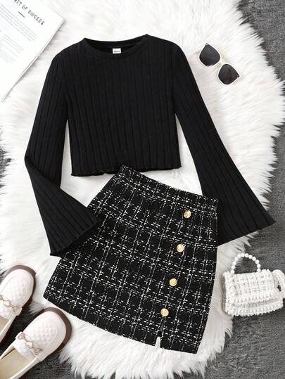 SHEIN 青少年女孩黑色针织喇叭袖上衣和开衩下摆格子裙套装，基本款和百搭款，休闲学院风服装，少女服装，开学季