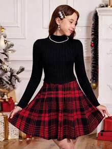 SHEIN Teen Girl Plaid Pleated Skirt And Solid Color Turtleneck Long Sleeve T-Shirt Set, Casual - Multicolor - View 6