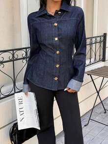 Siren Gaze 女士纯色前开襟长袖休闲百搭牛仔外套 - 深色水洗藍 - 查看 7