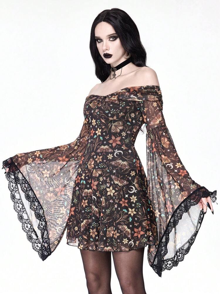 ROMWE Goth 哥特复古风枯叶、飞蛾、花朵、星星和蘑菇印花露肩喇叭袖连衣裙 - 彩色 - 查看 5