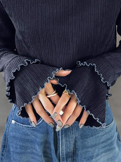 FRIFUL Damtröja med polotröja, ribbad kontrastfärgad t-shirt med kontrasterande volangkant, flerskiktade, volangärmar och utsvängda ärmar, åtsittande långärmad topp