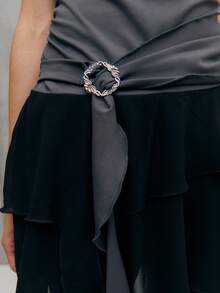 TypaGal Chic Grey And Black Layered Mini Dress With Rhinestone Bow Detail And Asymmetrical Draped Hem. A Standout Choice For Elegant Party Looks And Stylish Women's Outfits. - Black - View 7