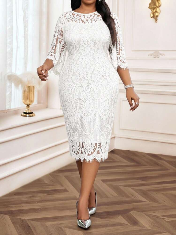 SHEIN Lady Plus Size White Elegant Floral Lace Dress For Women,Summer Bridal Wedding Party,Formal Graduation New Year Christmas Outfits,Little White Dress - White - View 5