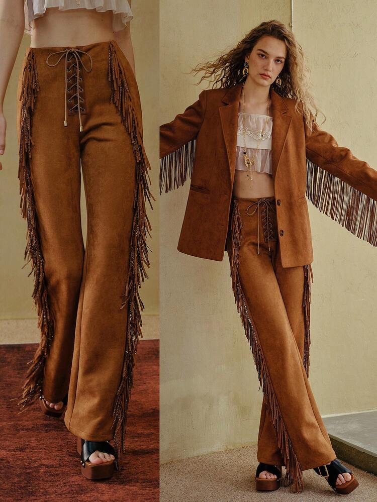 MOTF STUDIO FRINGE SUEDE BOHEMIAN BOHO FLARE PANTS