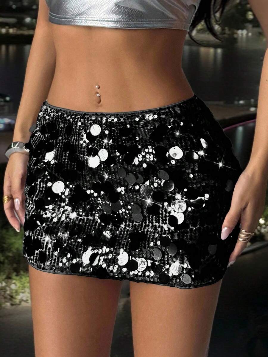 SHEIN PETITE Váy mini sequin lấp lánh bạc dành cho nữ, thích hợp cho tiệc tùng và tụ tập, phiên bản chất lượng cao dành cho người nhỏ nhắn - màu đen - Xem 1