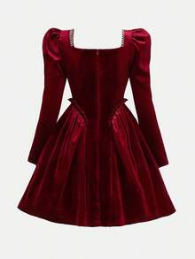 Pitira Elegantes bordeauxrotes Samt-Patchwork-Kleid mit Strasskette und Herz-Ausschnitt für Teenager-Mädchen, Herbst-Abendkleid in Weinrot, formelles Kastanienbraun-Kleid - Bordeaux - Übersicht 4